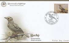 Myanmar 2023 Endemic Bird issue depicting a Burmese Bushlard on official FDC