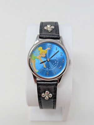 Disney Tinkerbell - Cute Rotating Pixie Dust Disc, Black Leather Band, MU1264