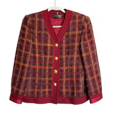 Vtg St. Sophia Paris Wool Lady Jacket Burgundy Plaid Blazer Gold Square Buttons