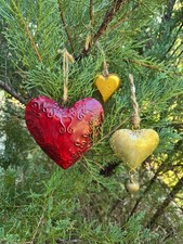 Burgundy Gold Christmas Heart Ornaments Set of 14 Metal Wood Rustic Farmhouse