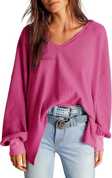Damen-Tunika Oversize Waffelstruktur V-Ausschnitt Langarm Locker Rosa 2XL-image