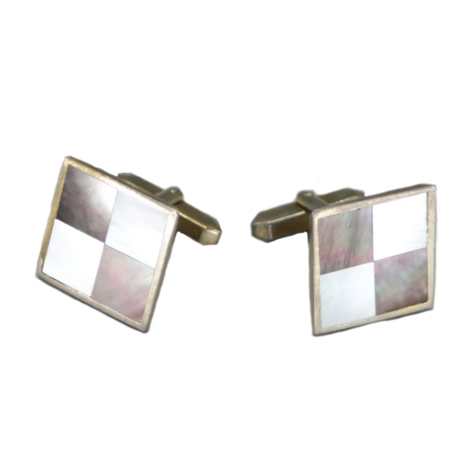 Gemelos de palanca a cuadros madreperla abulón plateado vintage gran regalo Foto 2 de 4