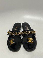 Vtg Chanel SS1995 Black Patent Leather Gold Cc Turn Lock Sandals 36.5