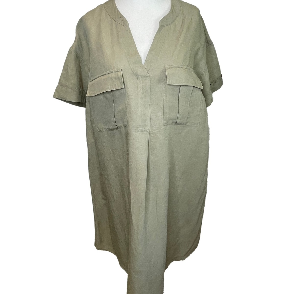 Women's H&M Size 14 Khaki Green Linen Blend V-Neck Short Sleeve