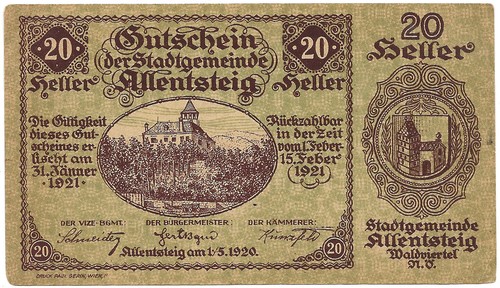 Austria - Notgeld - 20 Heller Allentsteig ! 1920 !!