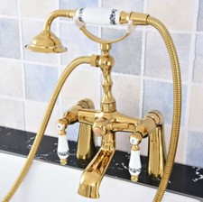 Deck Mounted Golden Brass Clawfoot Bathtub Tub Faucet w/Hand Shower Spray Tap