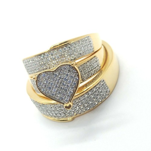 14K Yellow Gold Plated His & Her Moissanites Heart Bridal Wedding Trio Ring Set - Picture 3 of 10