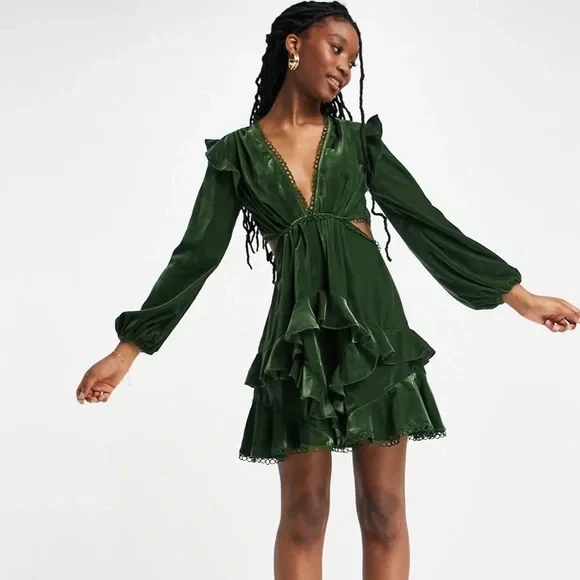 ASOS DESIGN velvet mini dress with circle trim in olive green size