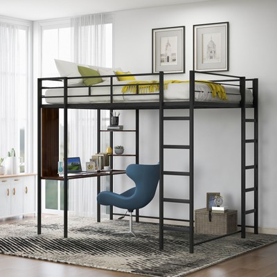 Full Size Metal Loft Bed with 2 Shelves and one Desk ,Black (Old SKU: LP000191A