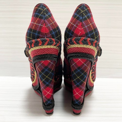 Christian Louboutin Gingham sandali zeppa tela rossa misura 37 23,5 cm Giappone - Foto 5 di 10