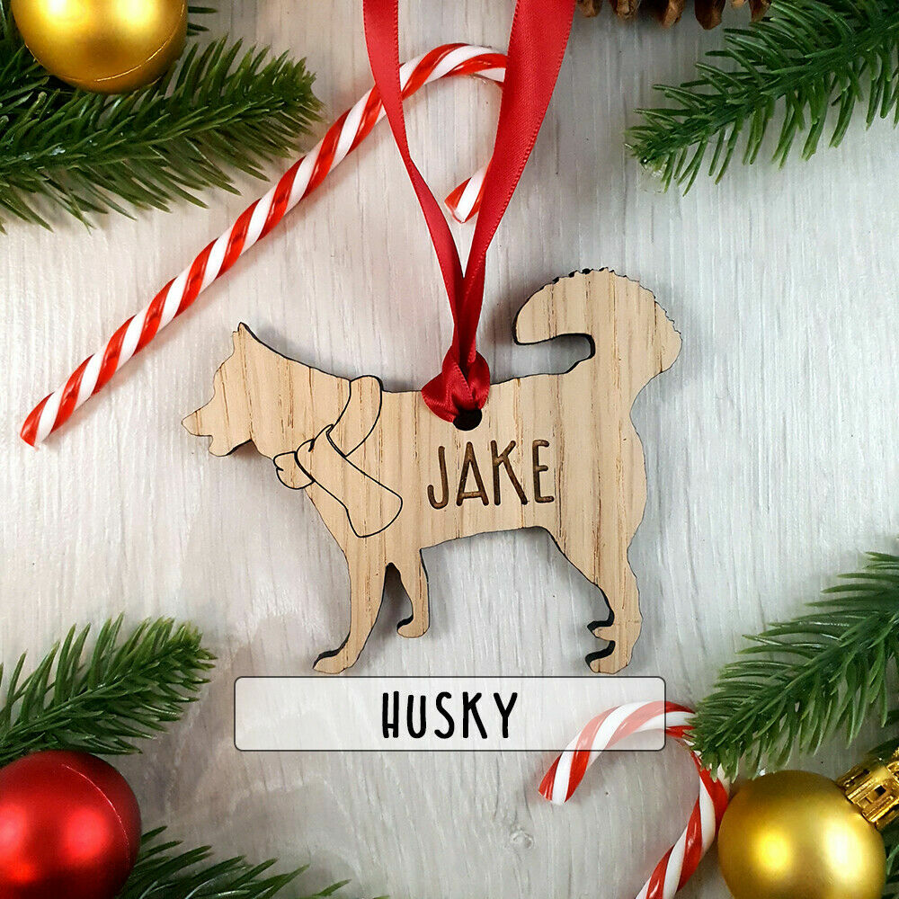 Personalised Dog Wooden Oak Decoration - Christmas Tree gift - Husky