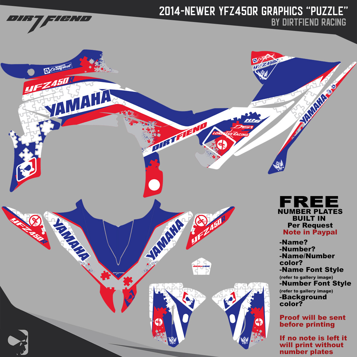 DFR PUZZLE GRAPHIC KIT RED WHITE BLUE SIDES/FENDERS 2014NEWER YAMAHA