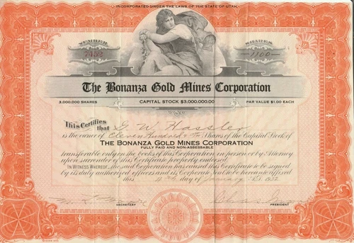 The Bonanza Gold Mines Corporation - Stock Certificate 1932 Scripophily