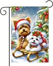 Welcome Winter Garden Flag 12 X 18 Double Sided Cute Yorkshire Terrier and Malte