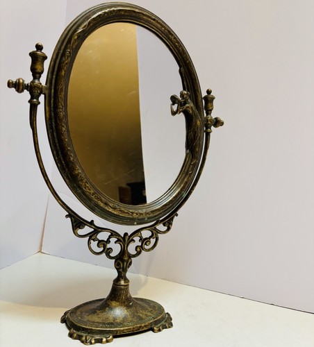 Vtg Brass Italian Ornate Vanity Makeup Mirror Oval Standing Tilting Art Deco - Picture 4 of 8