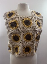 Sun Flower Granny Square S/M Sweater Vest Crochet Retro Boho Cottage Core 8945