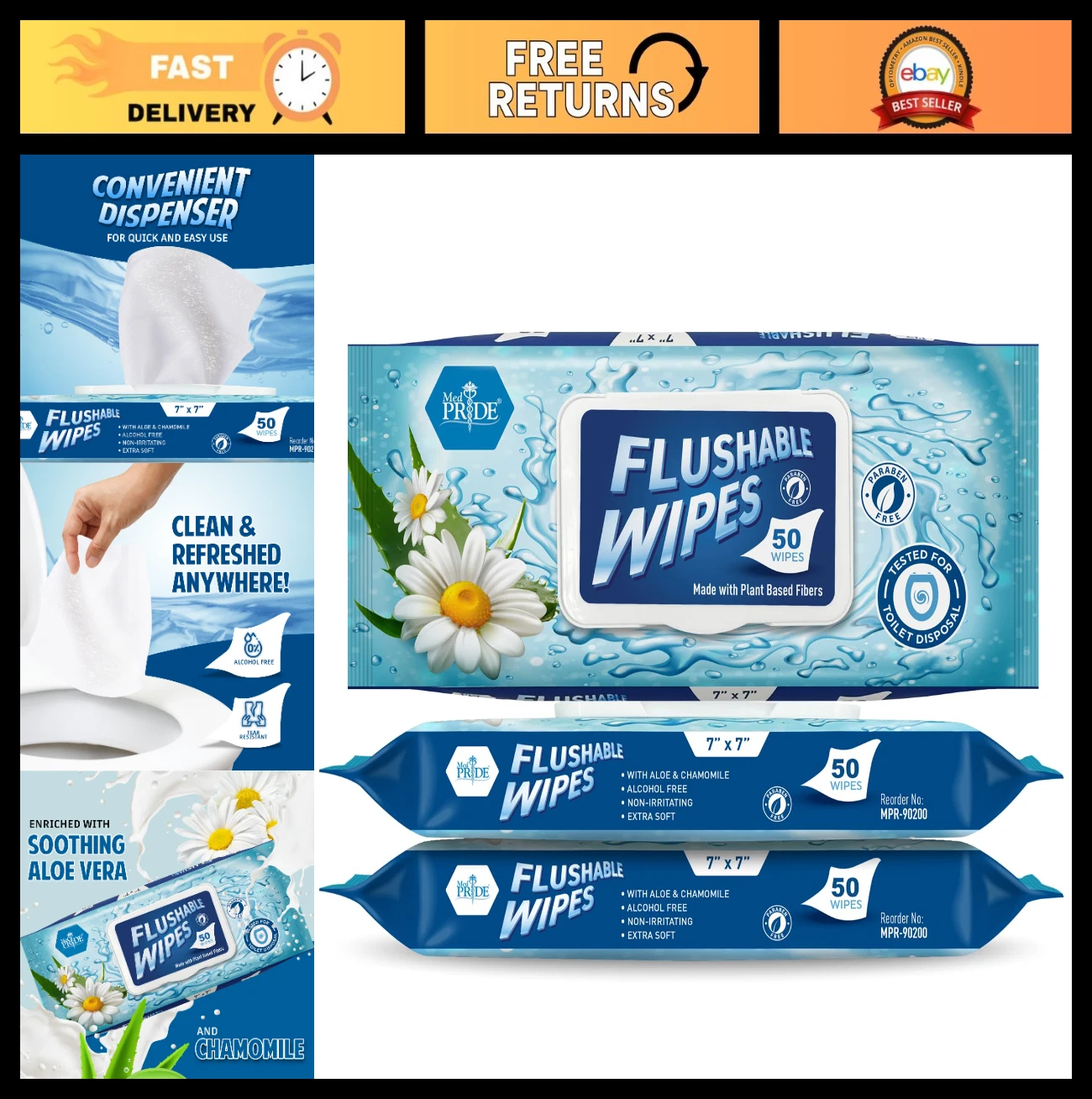 Extra Large Flushable Wipes for Adults, Unscented, Aloe & Chamomile, 600 Count