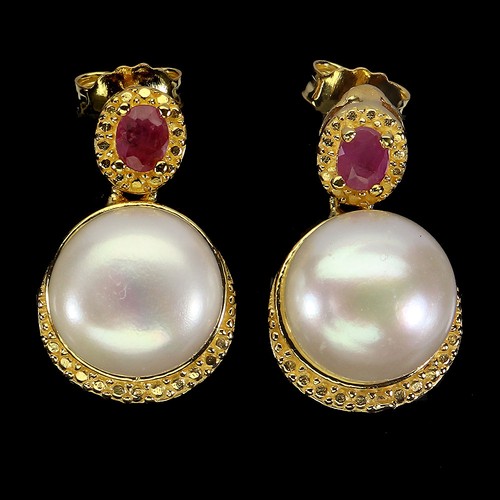 925 Sterling Silver Earrings Oval Ruby 4x3mm Pearl Natural Gemstone Jewelry