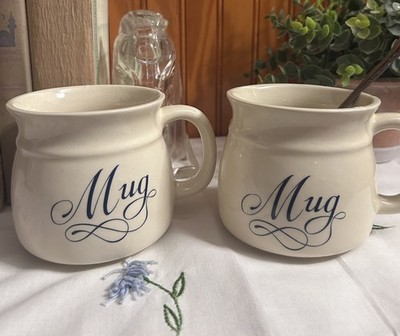 Set of 2 Off White Cottage Core Country Style Mugs Featuring ''Mug'' in Navy Scrip