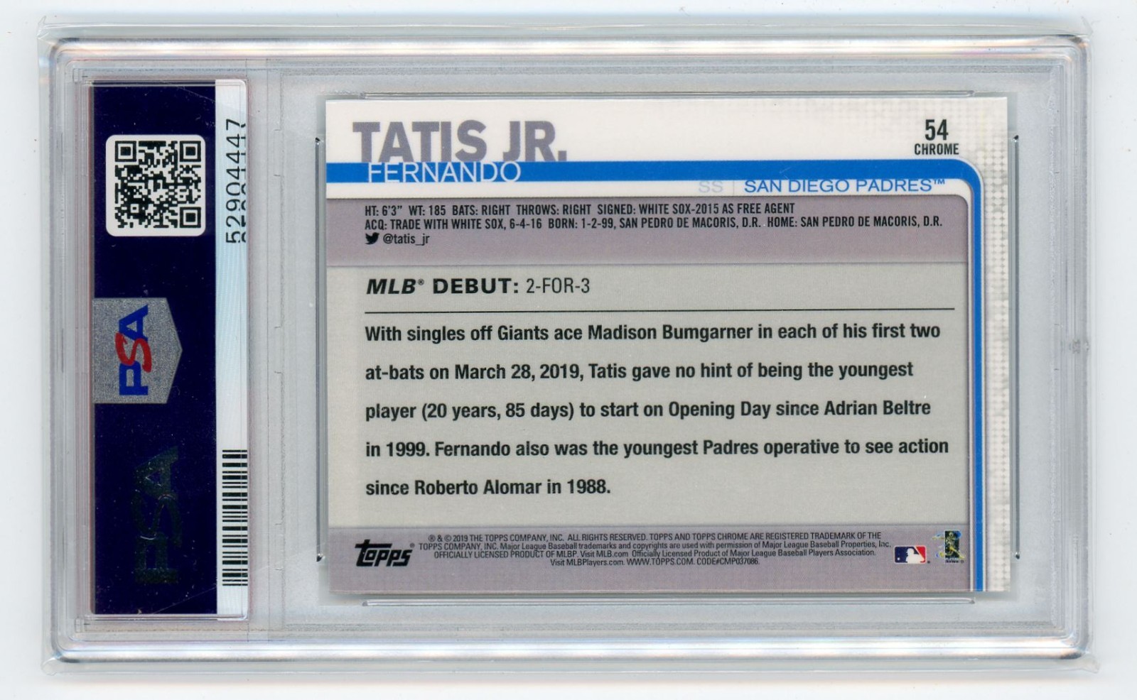 2019 Topps Chrome Update #54 Fernando Tatís Jr. Padres Rookie PSA 10 Gem Mint view 2