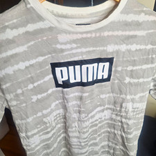 PUMA Boys Sz 14-16 Gray White Black Graphic Logo S/S Crew Neck T-Shirt