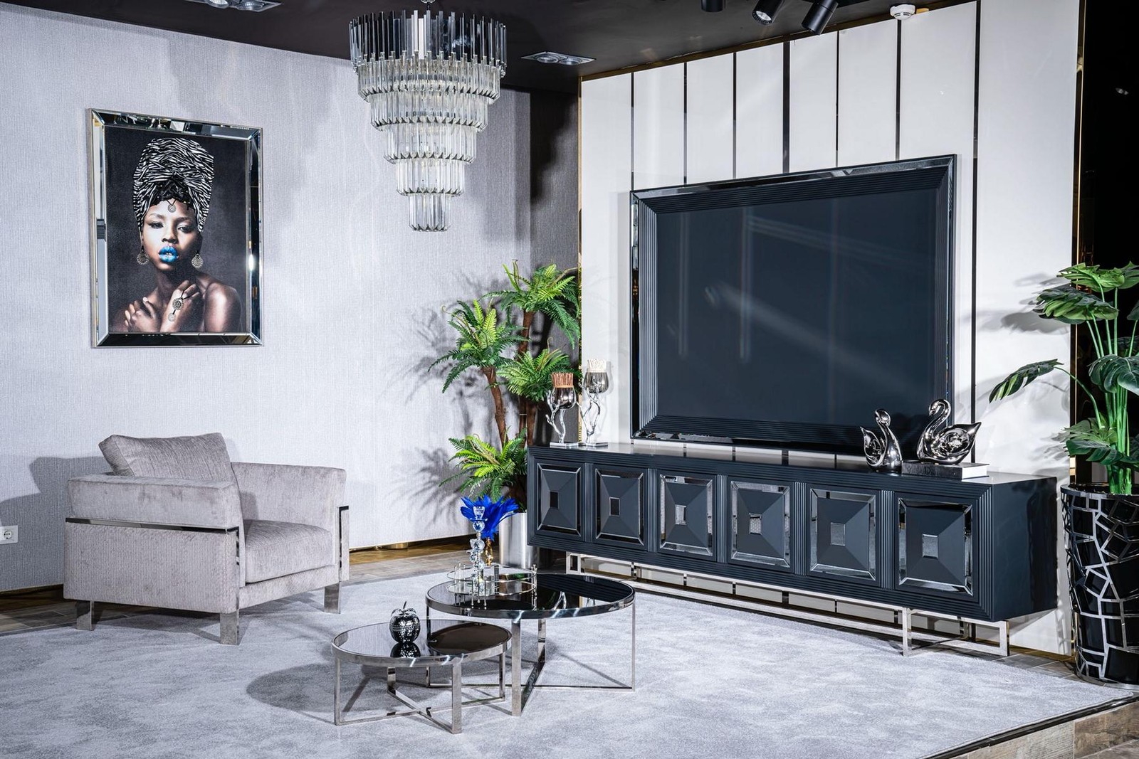 Set TV Stand Armchair Coffee Table Side Table Living Room 5pcs Grey New