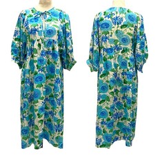 Women's Size Medium Blue Floral Loose Casual Mid-Sleeve Rayon Summer Midi Dress