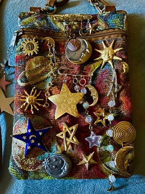 Celestial Space Traveling Maximalist Gypsy Moon Star Sun Brooch Crossbody Bag 1