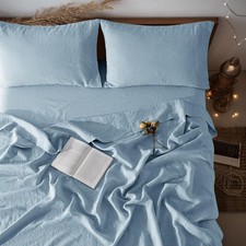 Linen Sheet Set Twin XL Deep Pocket 100 Pure Breathable Dusty Blue LBRO2M Sets