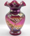 Fenton Raspberry Plum Carnival Opalescent Bird Ruffled Vase 7” HP by M Caplinger