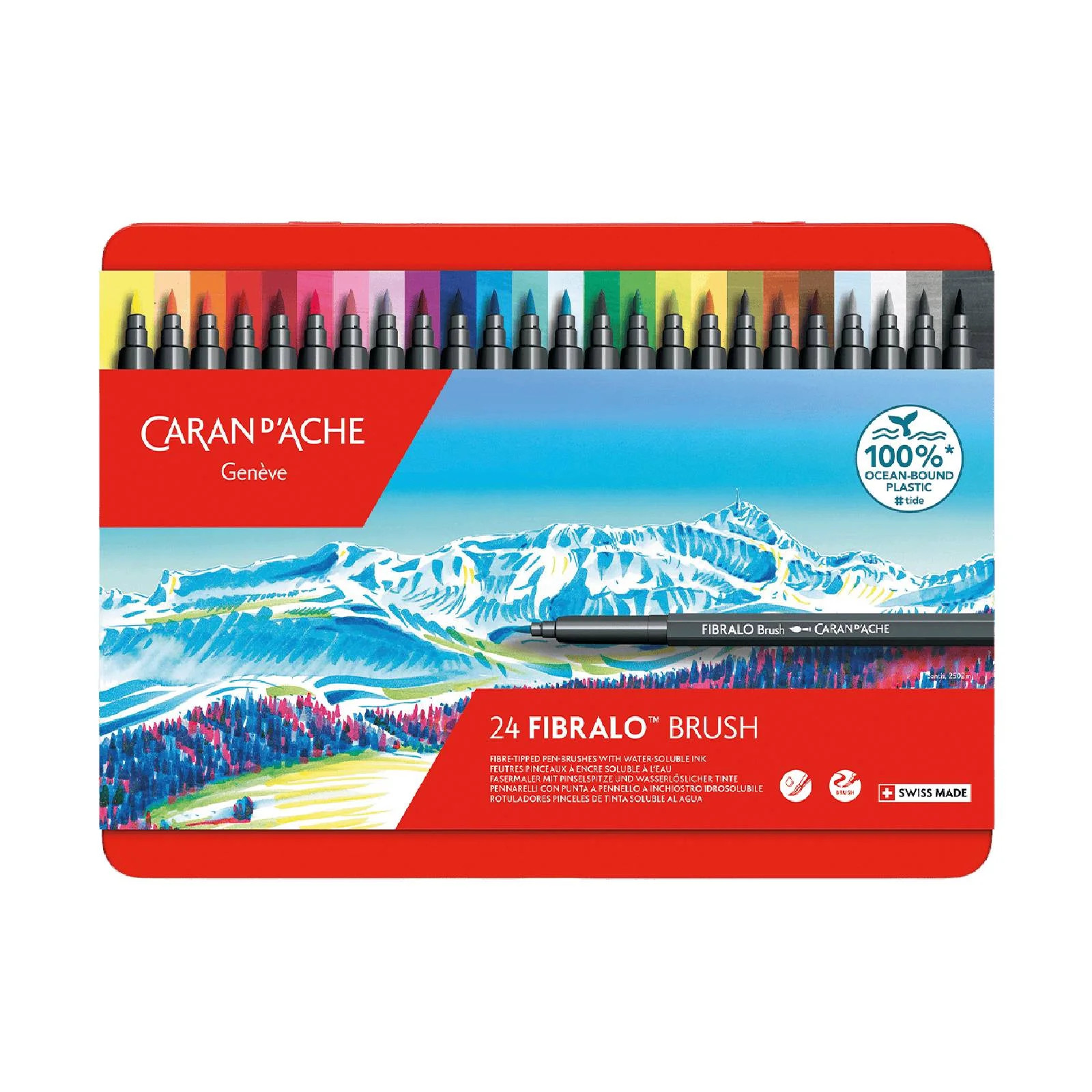 Caran d'Ache Fibralo Brush Pens 24 Colours Water Soluble Calligraphy Art Tin