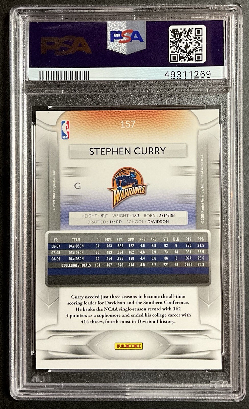 2009-2010 Panini Prestige #157 Stephen Curry RC PSA 9 MINT view 2