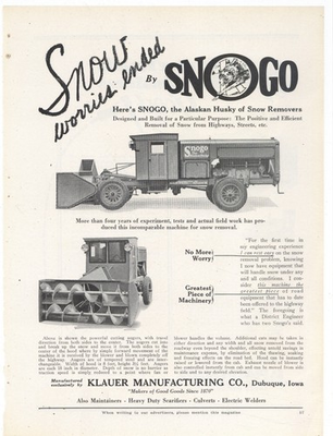 #ad 1927 Klauerr Mfg. Co. of Dubuque Iowa Ad: SNOGO Alaskan Husky of Snow Removal $21.84