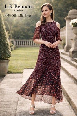 L K Bennett Shauna SILK Chiffon Midi Dress Floral Cold Shoulder Ruffle Hem US 4