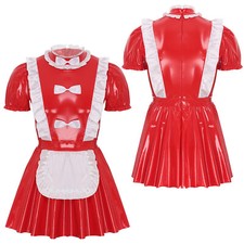 Mens Shiny Metallic PVC Leather Bodysuit Sissy Maid Dress Cosplay