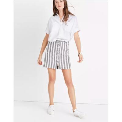 Madewell Striped Linen Skirt Size 10 Gray Ivory Lace Up Mini Style G3051