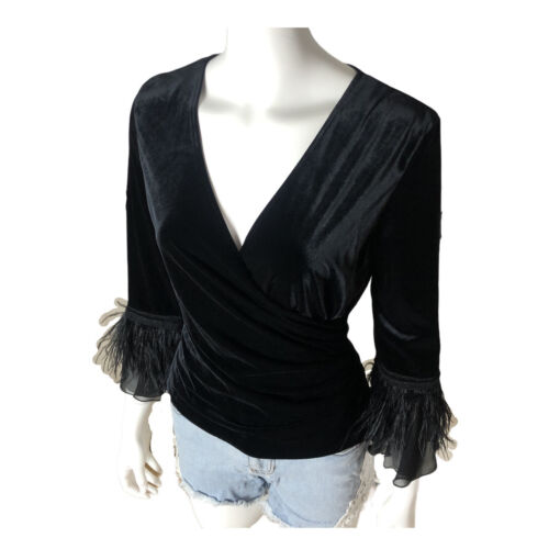 90s Feather Trim Black and Gold Velvet Top XS 1990s