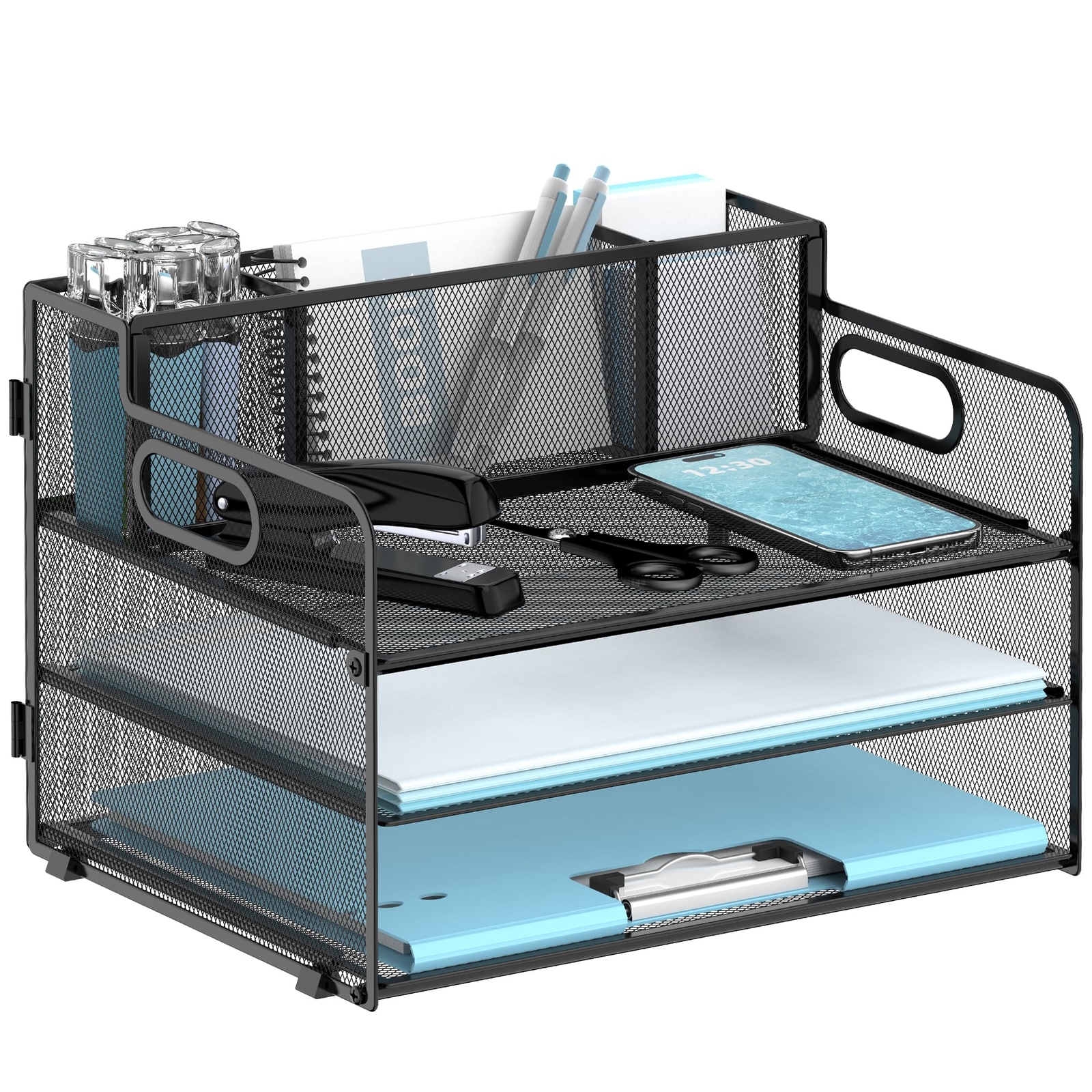 Black Mesh 3-Tier Letter Tray Organizer with Pen Holder-image