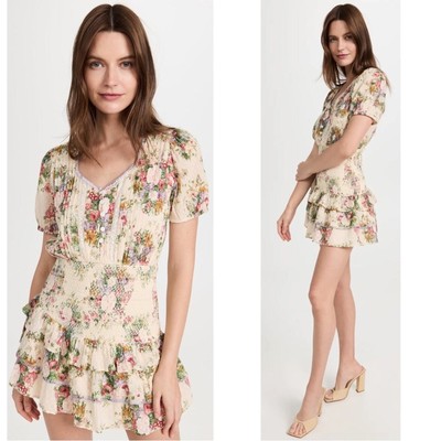 LoveShackFancy Keelin Floral Tiered Mini Dress in Shining Gemstone Size XS