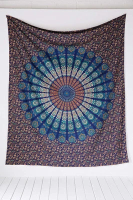 Tapisserie Murale Mandala Paon Hippie Reine Couvre-Lit En Coton Bleu - Photo 1/3