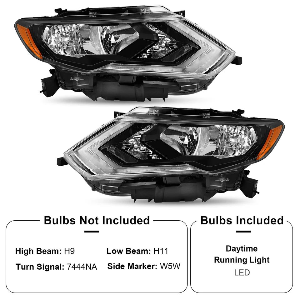 2Pcs LED DRL Headlights For 2017-2019 Nissan Rogue Halogen Headlamps LH+RH Pair Foto 2 de 4