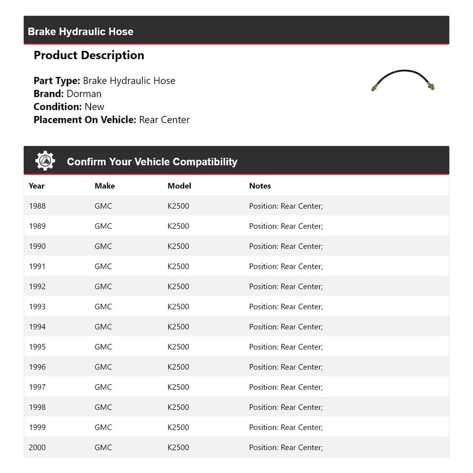 Manguera hidráulica de freno para GMC K2500 1988-2000 Dorman centro trasero 1989 1990 1991 Foto 2 de 4