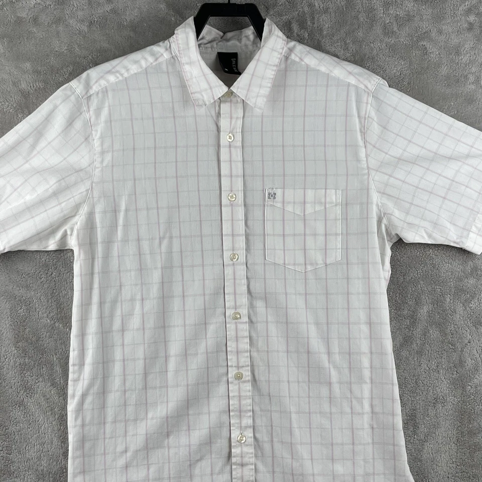 KREW Plaid Short Sleeve Button-Up Shirt White with Pink & Gray Lines Size Medium - Image 2 of 4