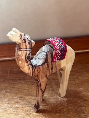 Vintage Carved Olive Wood Middle Eastern Camel w Red Blanket Christmas Figurine