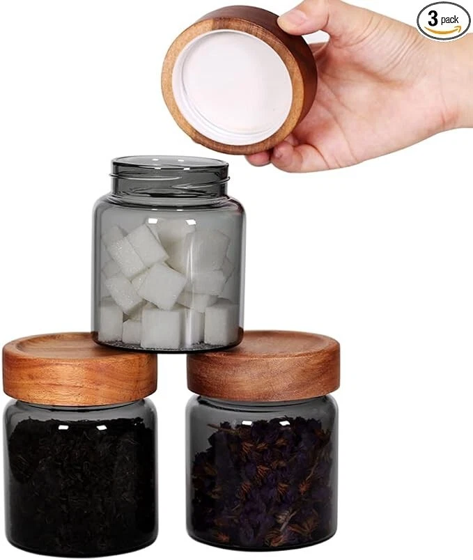 Paquete de 3 frascos de vidrio gris para almacenar alimentos con tapas de madera