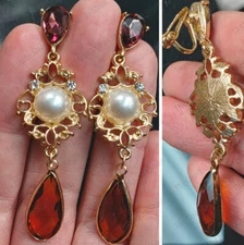 2.5"long CLIP ON vintage style EARRINGS glass drop GOLD TONE faux pearl CRYSTAL
