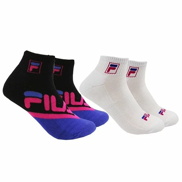2 Pair Pack FILA Black White Pink Blue LOGO Unisex Half Cushion Crew Socks NEW