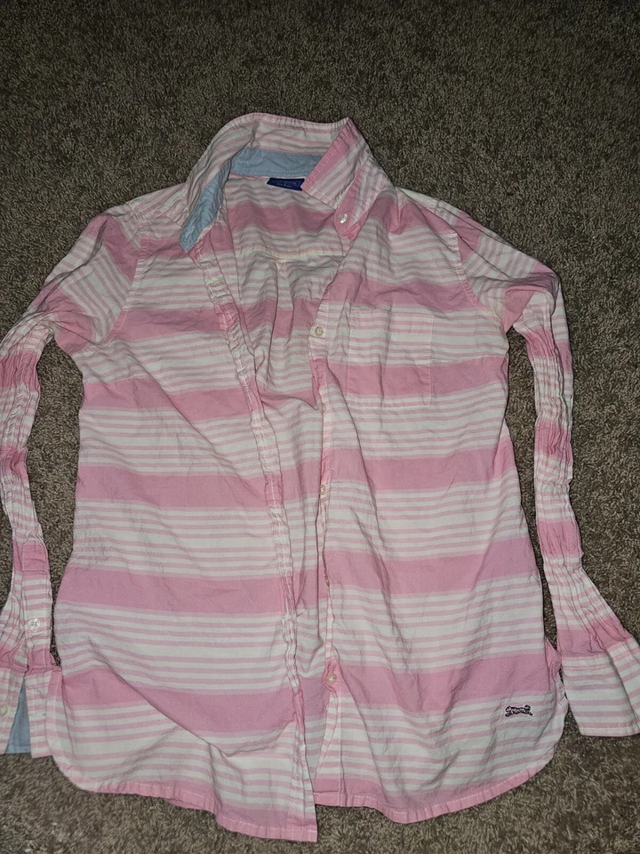 Le Tigre Women's Long Sleeve Stripe Button Up Shirt Small Pink/White Collar  - Image 2 of 4