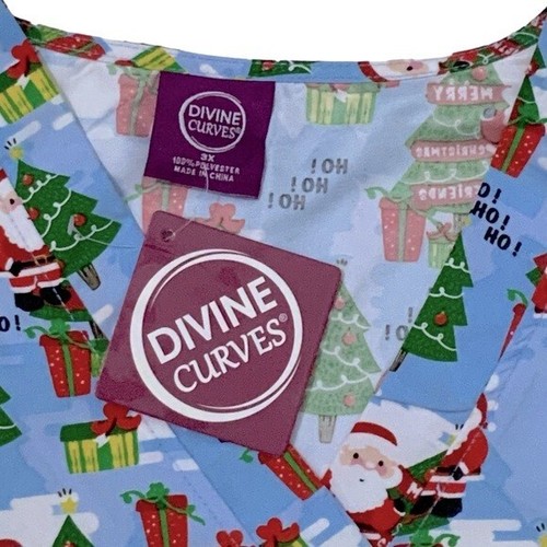Devine Curves Scrub Christmas Top Women V Neck Short Sleeve Santa Blue Plus 3X - Picture 8 of 13