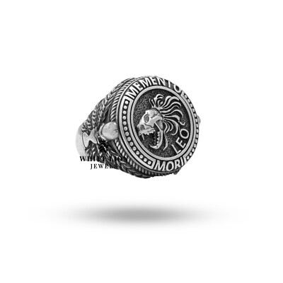 Memento Mori Lion Gothic Skull Zodiac Leo Sign 925 Silver Men Biker Ring